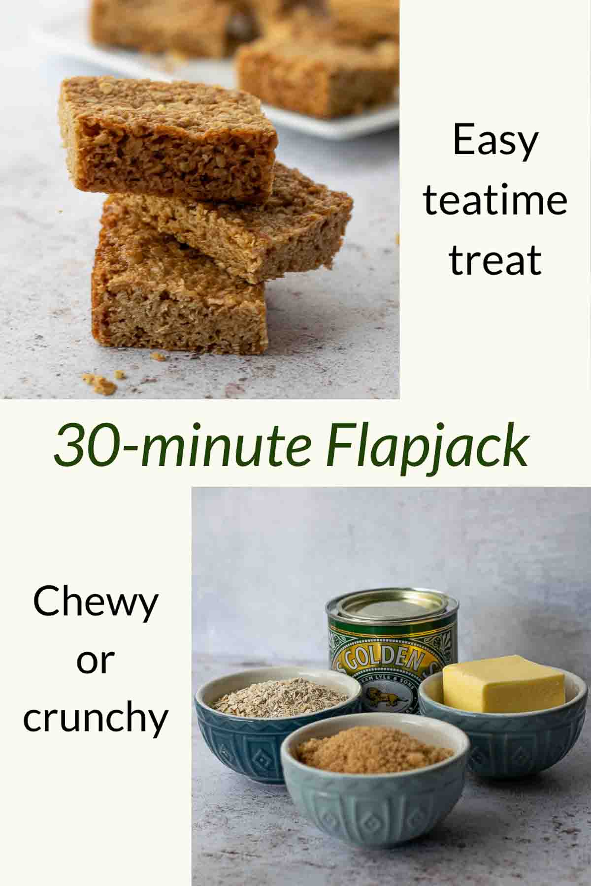 Stack of three Flapjacks with more in the background and ingredients