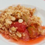 Strawberry and Rhubarb Crumble in a dish.