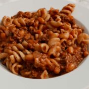 One-pot mince and pasta in a white bowl