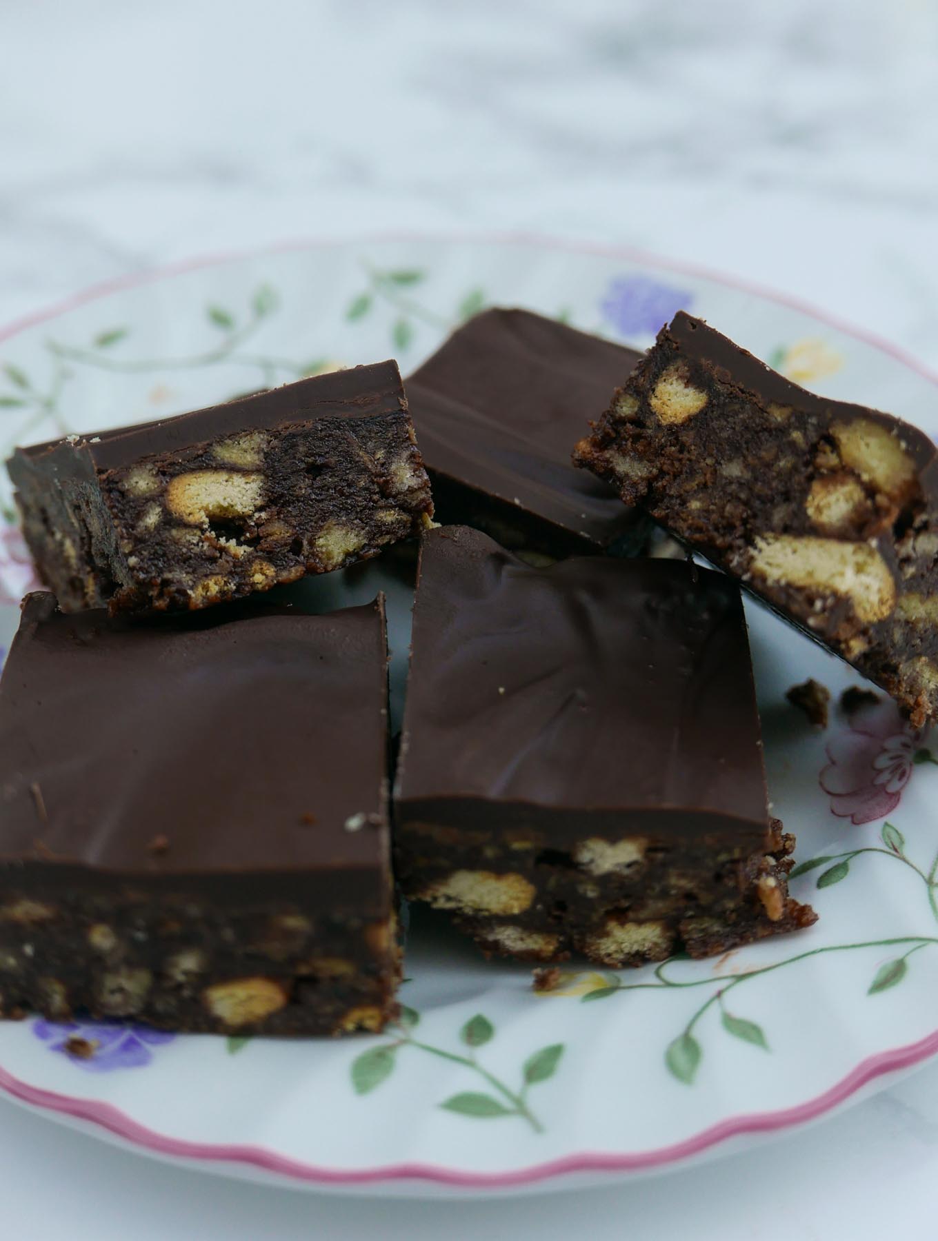 Pieces of Polish Cake, a no-cook, chocolate refrigerator cake.