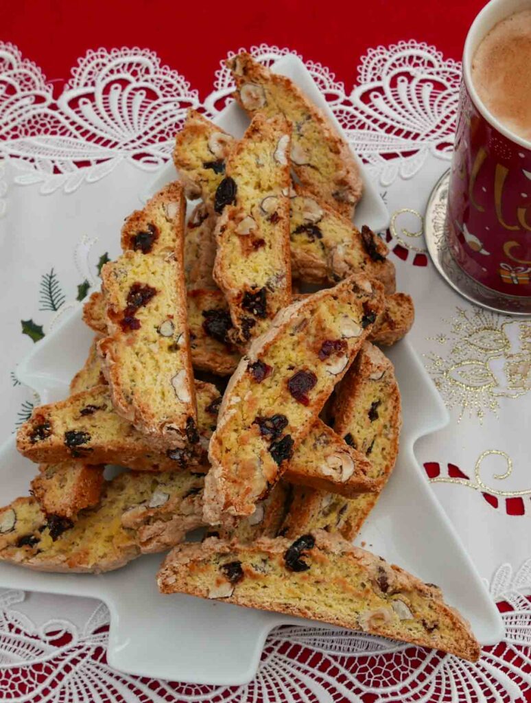 Cranberry and Hazelnut Biscotti on a white plate