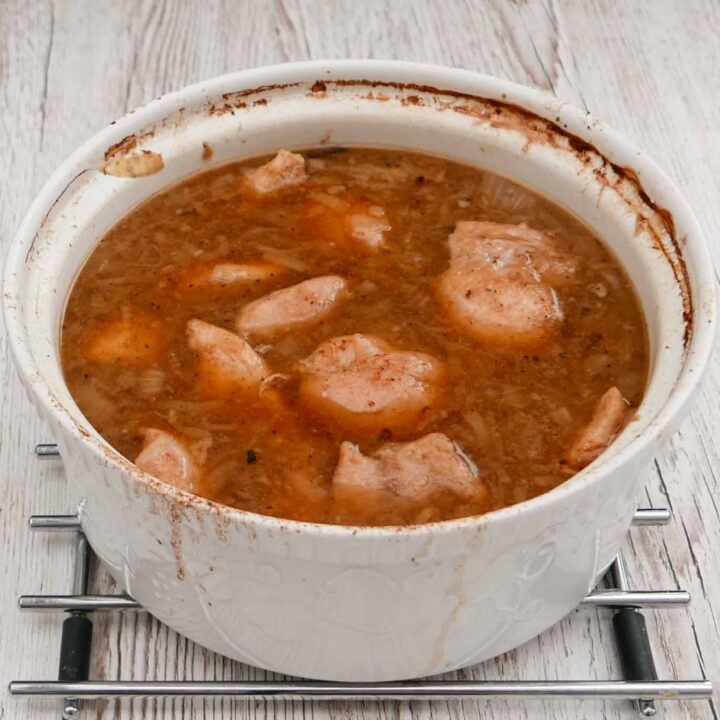 Basic Chicken Casserole in a large white china pot.