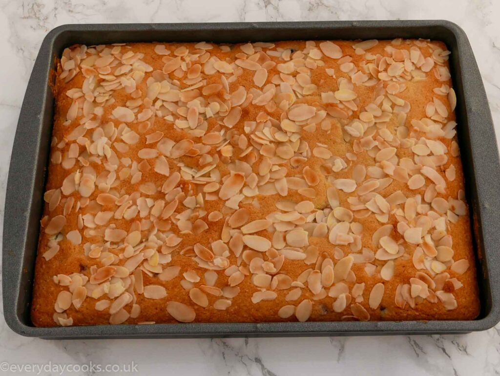 Cherry and almond traybake in the tin