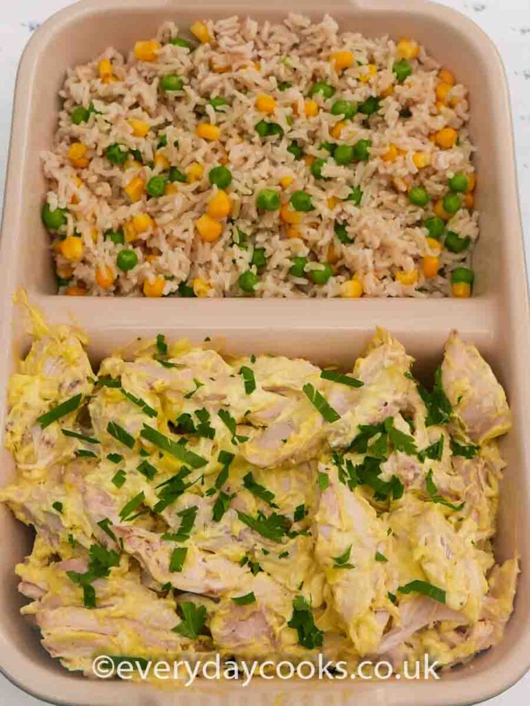 Chicken Mayonnaise and rice salad with peas and sweetcorn in a dish