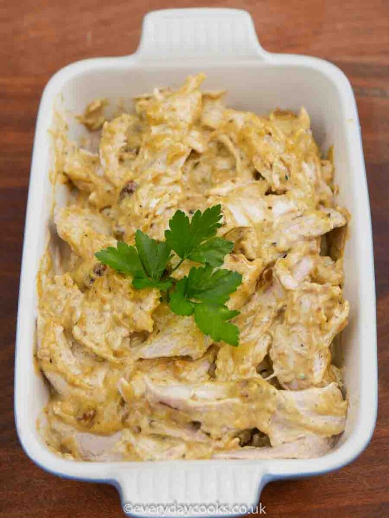 Coronation Chicken in a gratin dish