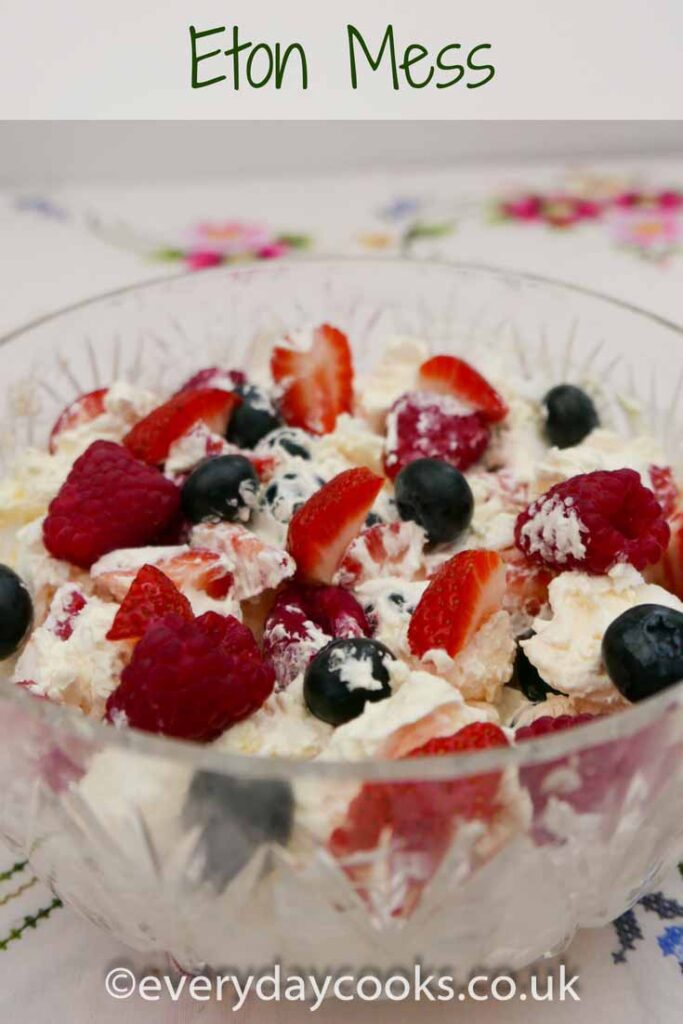 A glass bowl of Eton Mess