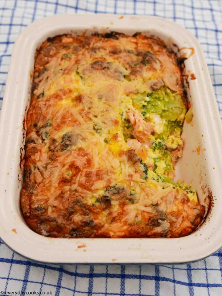 Salmon and Broccoli Bake in a gratin dish