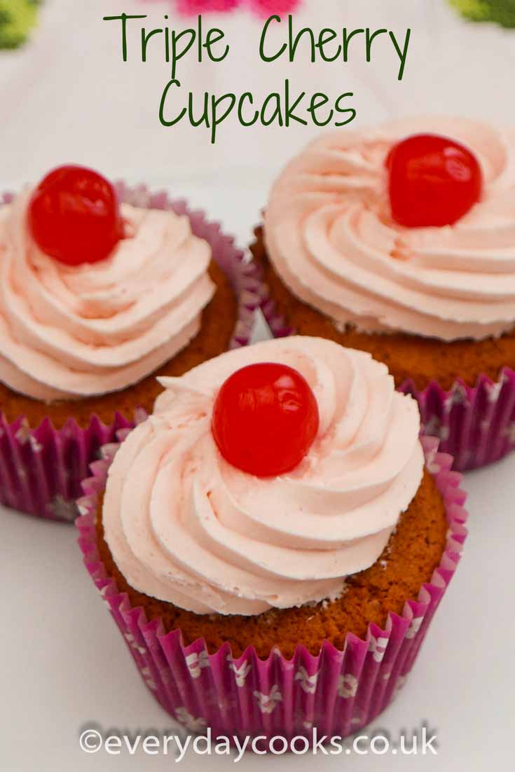 Three Triple Cherry Cupcakes on the worktop