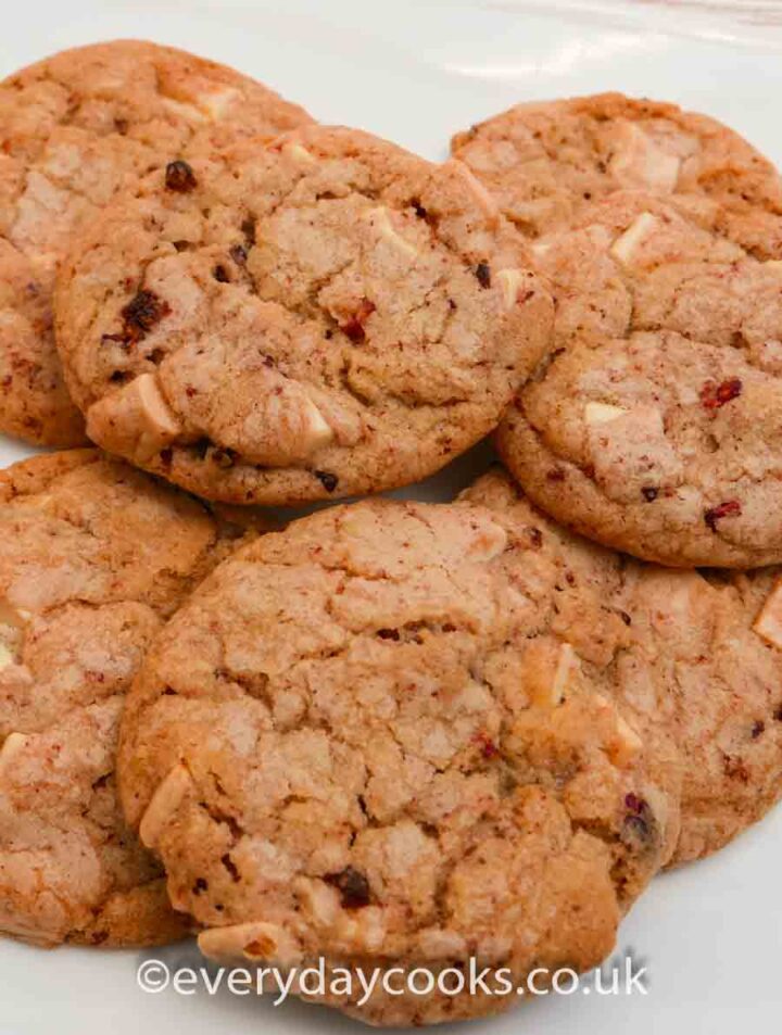 White Chocolate & Raspberry Cookies on a white plate