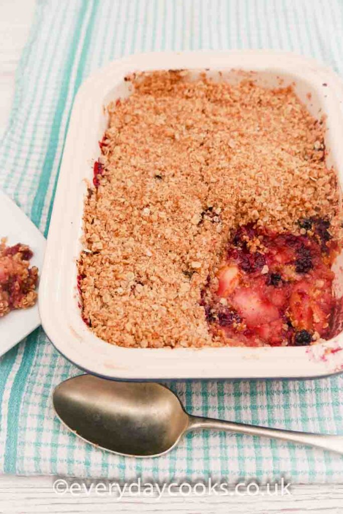 A dish of Blackberry and Apple Crumble