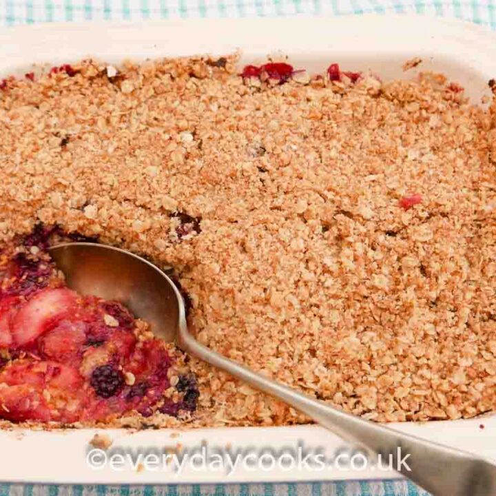 A dish of Blackberry and Apple Crumble