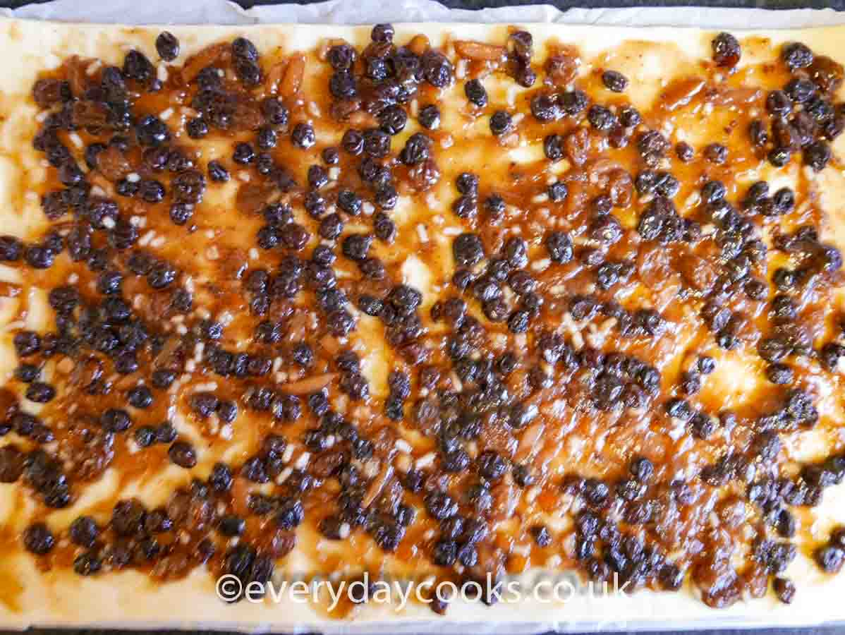 Mincemeat spread on pastry for Mincemeat Pinwheels