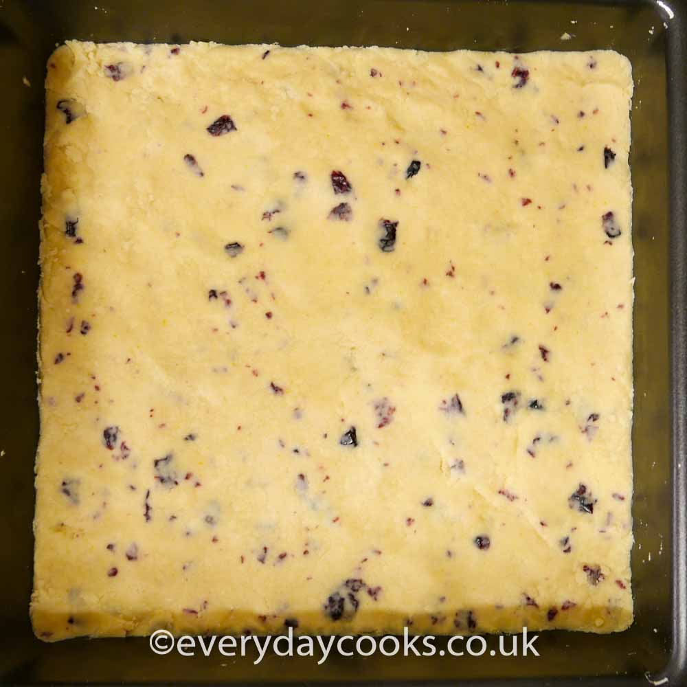 Christmas Shortbread mixture pressed into the tin