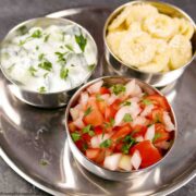 3 Easy Indian accompaniments - Raita, Banana Sambal, Onion & Tomato Salad.