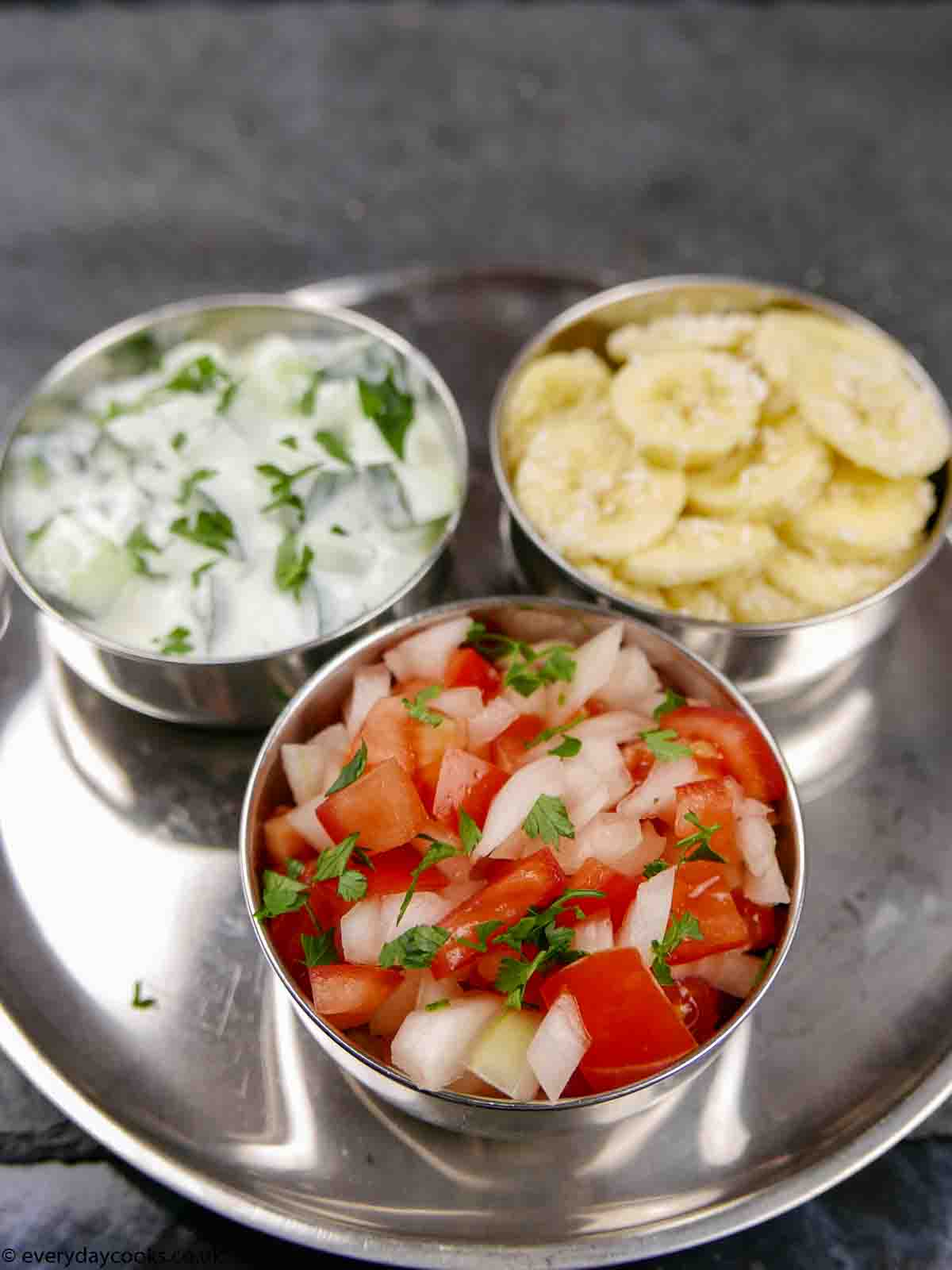 3 Easy Indian accompaniments - Cucumber Raita, Banana Sambal, Onion & Tomato Salad.