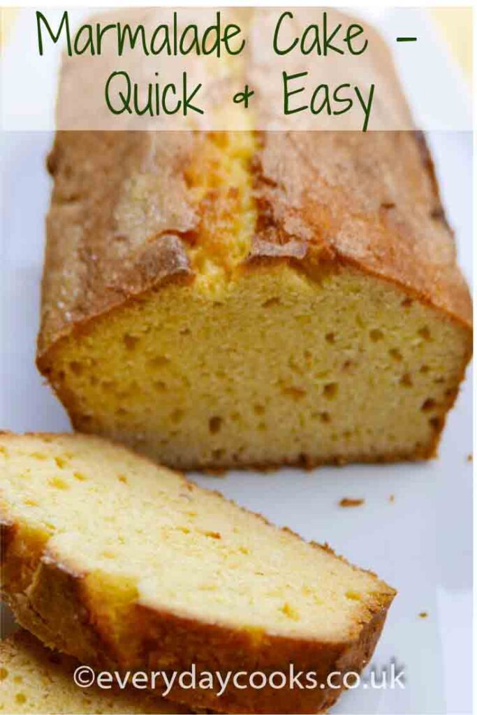 Marmalade Loaf Cake and 2 slices on a white plate