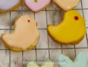 2 Easter Chick Biscuits iced in apricot and egg yellow