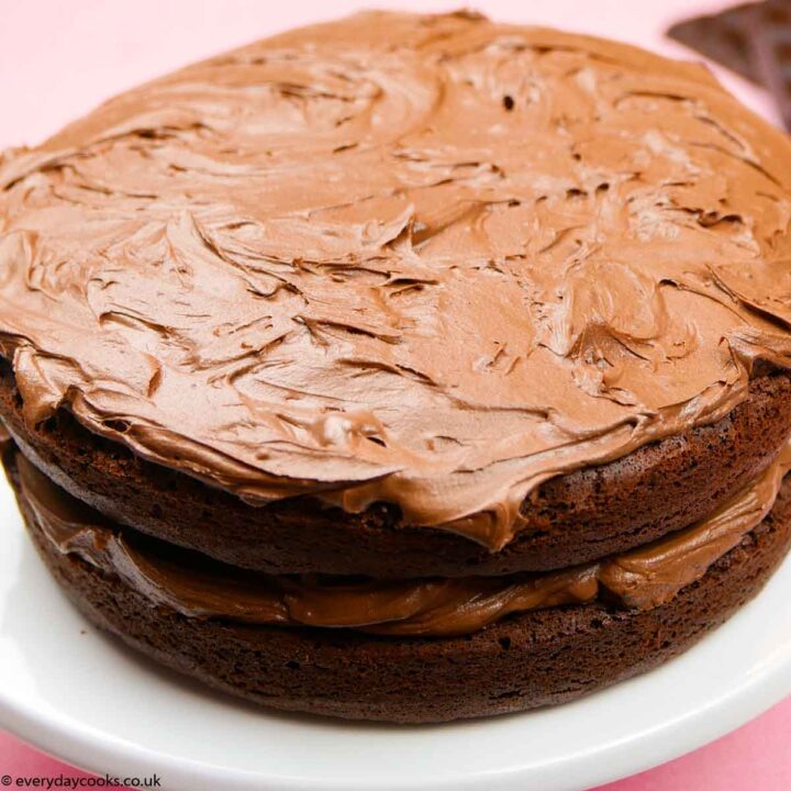 Easy Chocolate Fudge Cake on a white plate