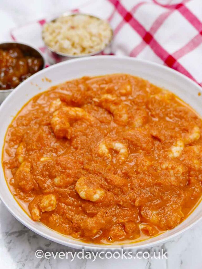 Easy Thai Prawn Curry in a dish with rice and chutney