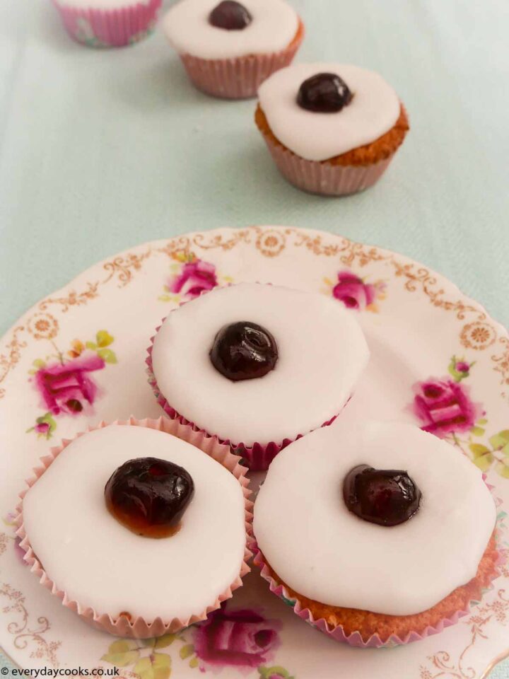 Cherry Bakewell Cupcakes on a plate