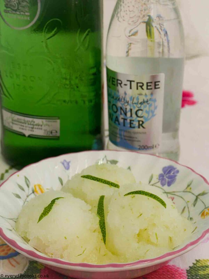 Gin and Tonic Sorbet in a bowl with shards of lime peel and bottles of gin and tonic.