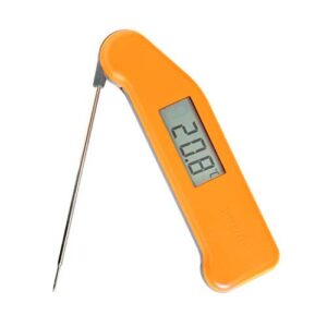 Yellow food thermometer with probe and digital display