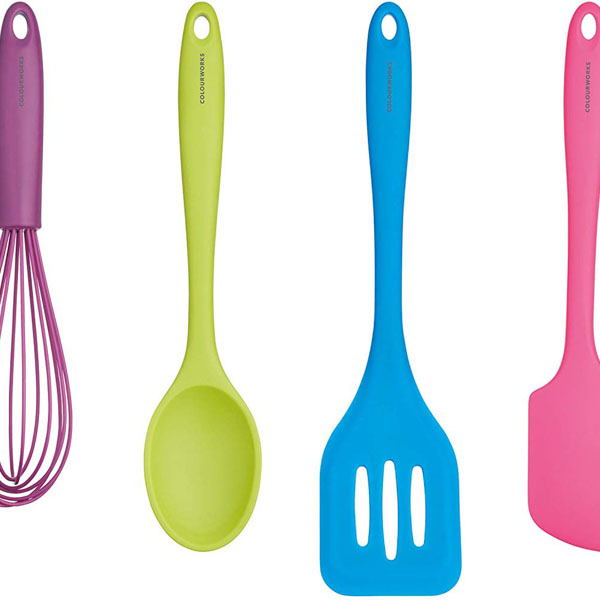 Brightly coloured silicone kitchen utensils