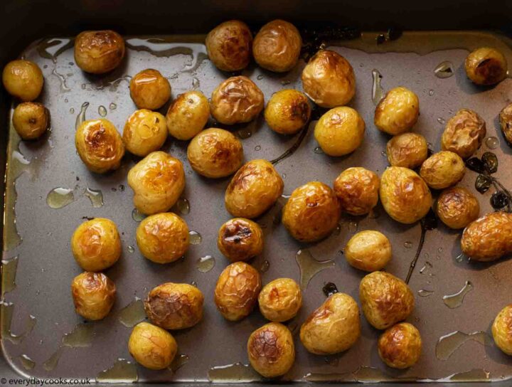 Potatoes after roasting for Easy Cod Traybake