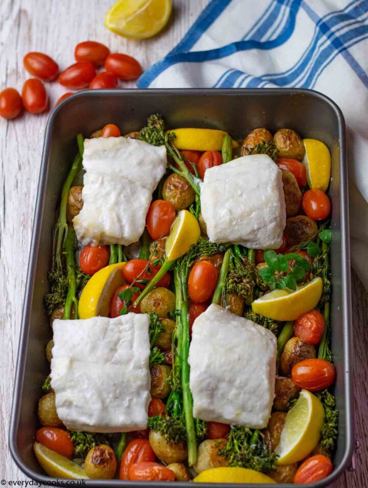 Easy Cod Traybake. Roast vegetables and cod fillets in roasting tin.