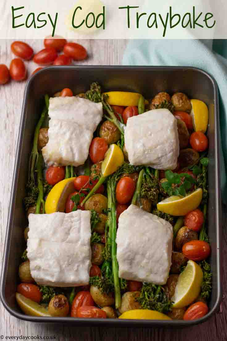 Easy Cod Traybake. Roast vegetables and cod fillets in roasting tin.