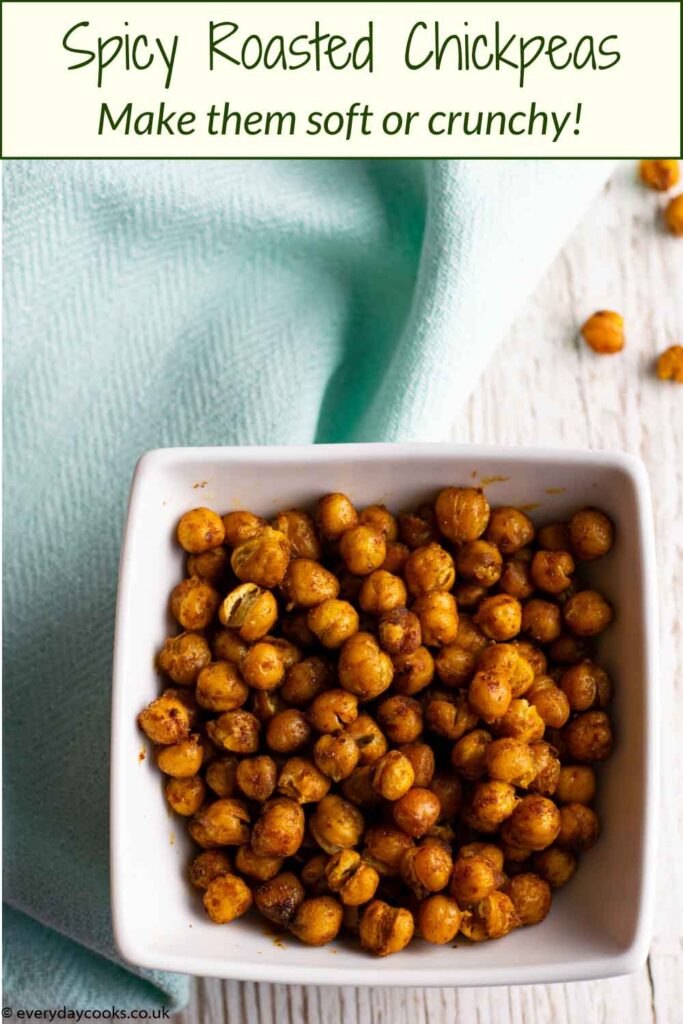 Spicy Roasted Chickpeas in a white bowl on a blue cloth