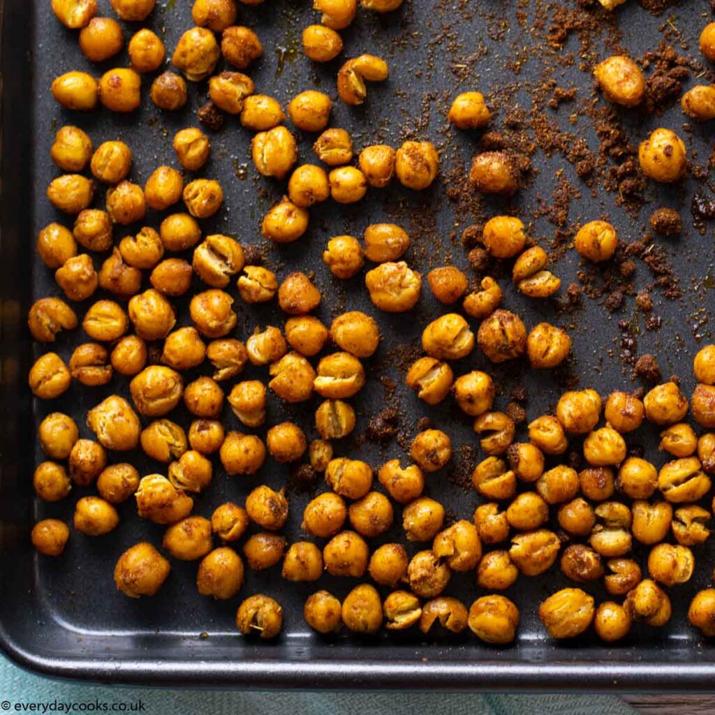 Spicy Roasted Chickpeas on a baking tray