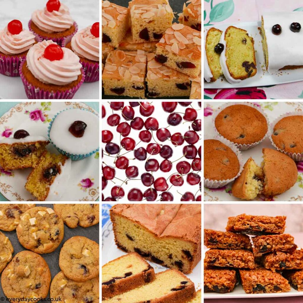 8 different cherry cakes and pictures of cherries