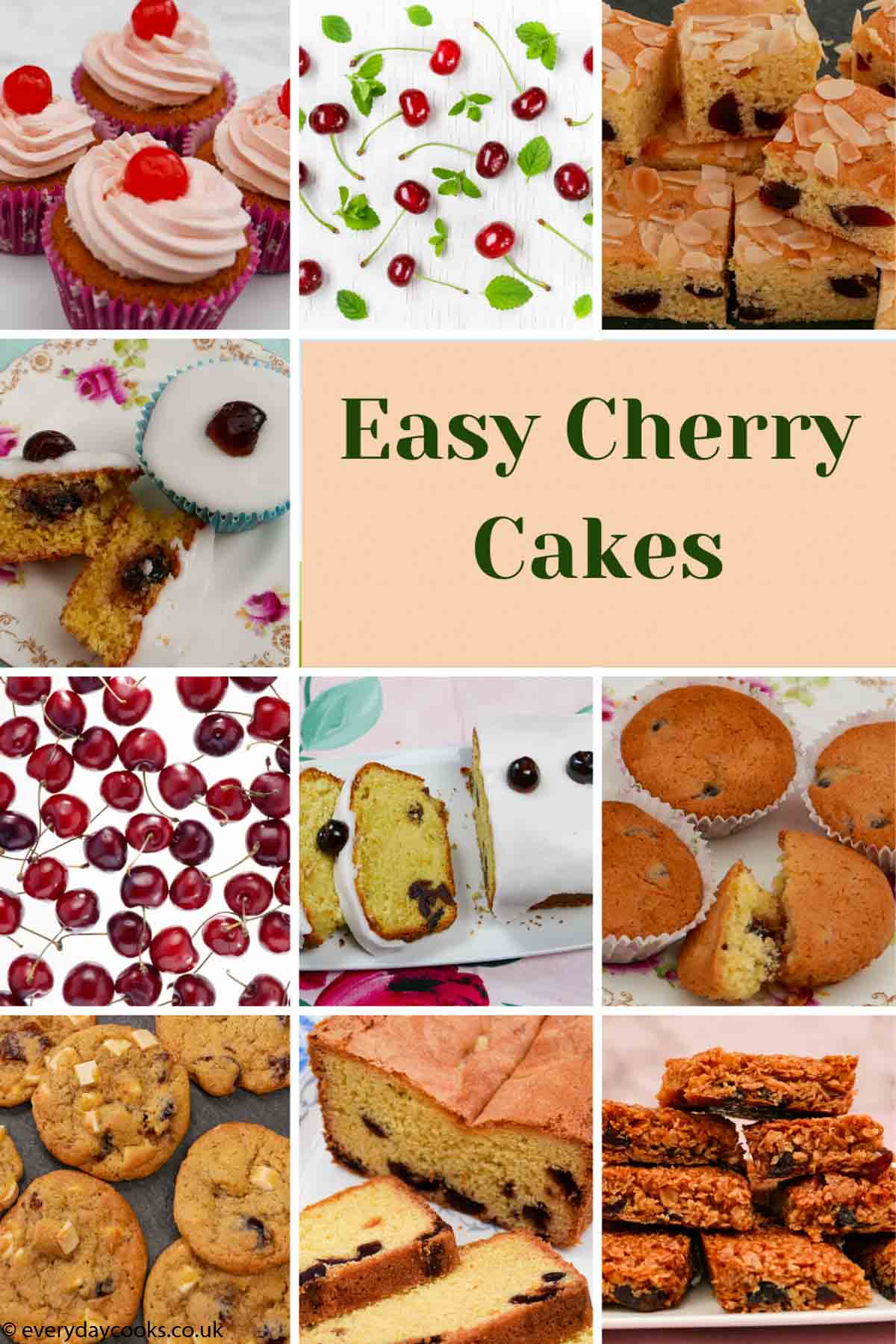 8 different cherry cakes and pictures of cherries