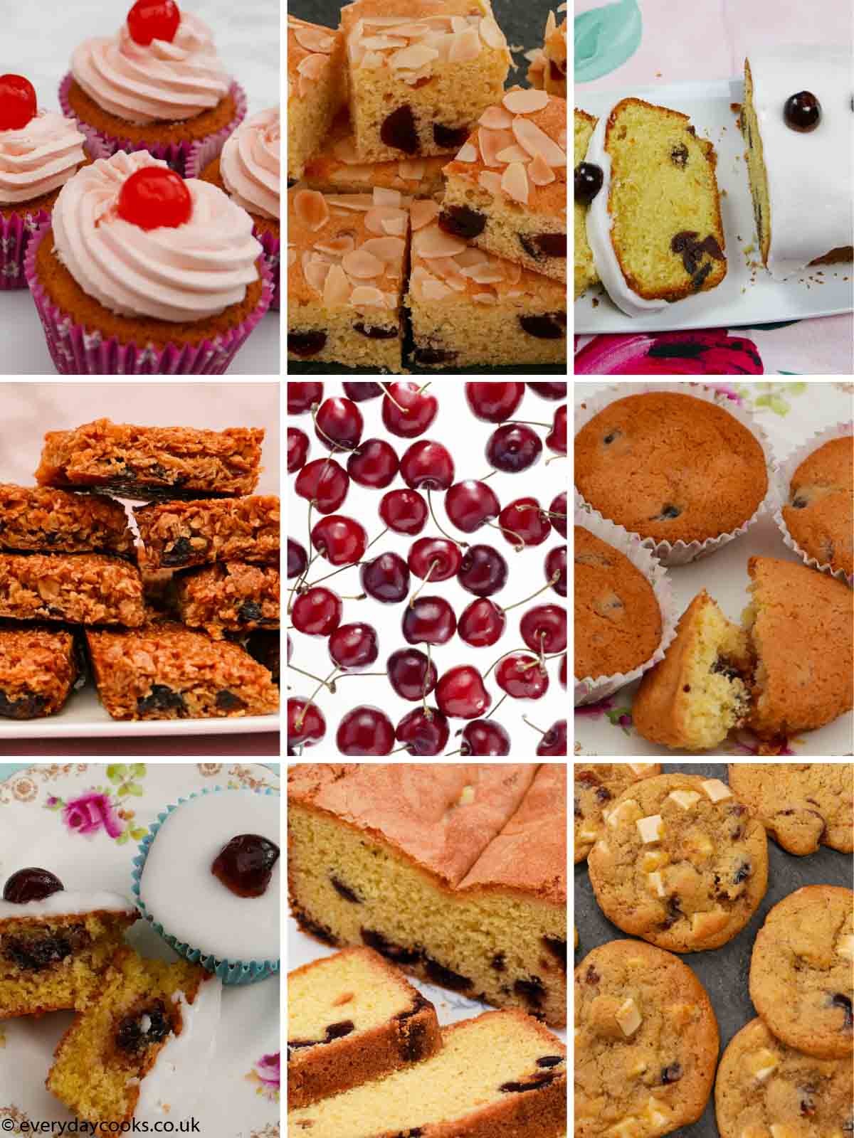 8 different cherry cakes and pictures of cherries