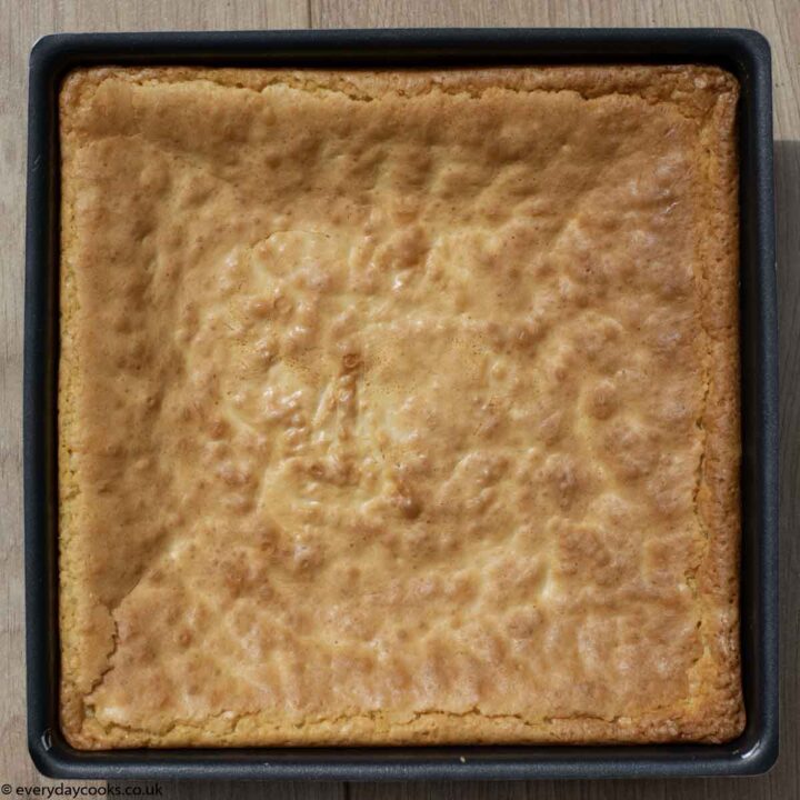 Uncut White Chocolate Brownies in the tin