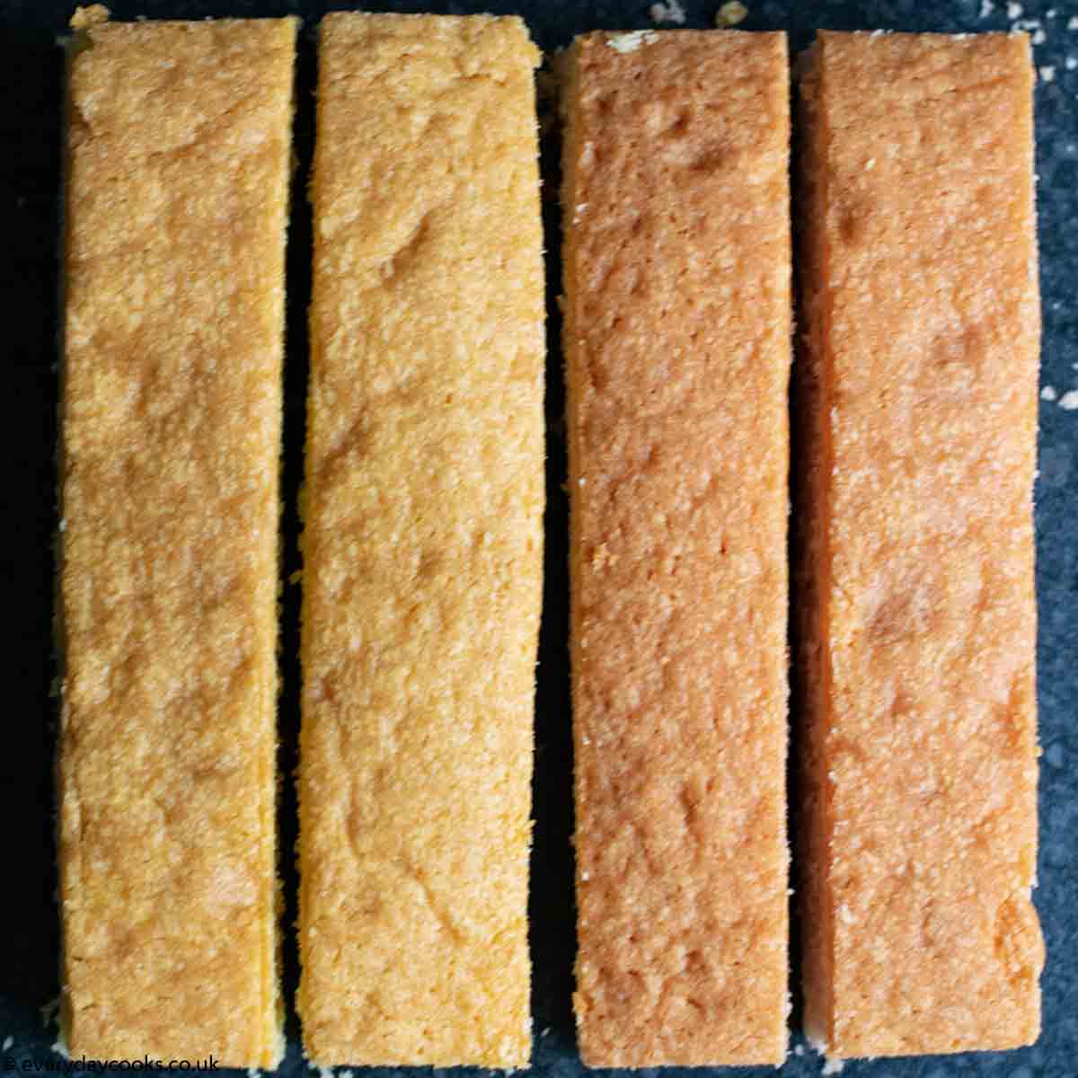 4 cakes ready to be assembled into Easy Battenberg Cake