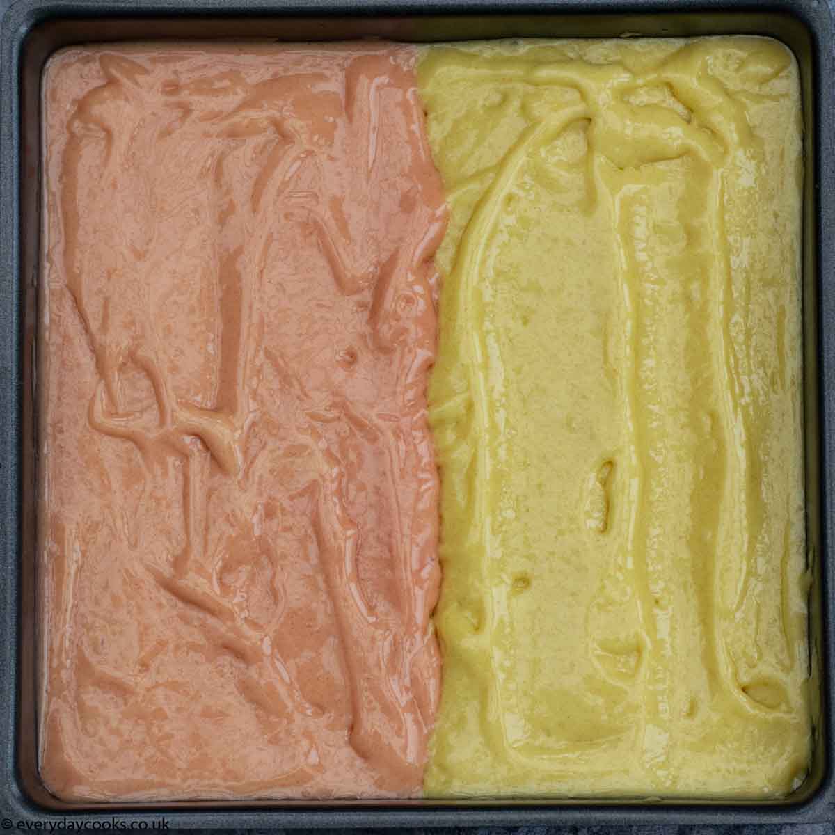 Easy Battenburg Cake in the tin before baking