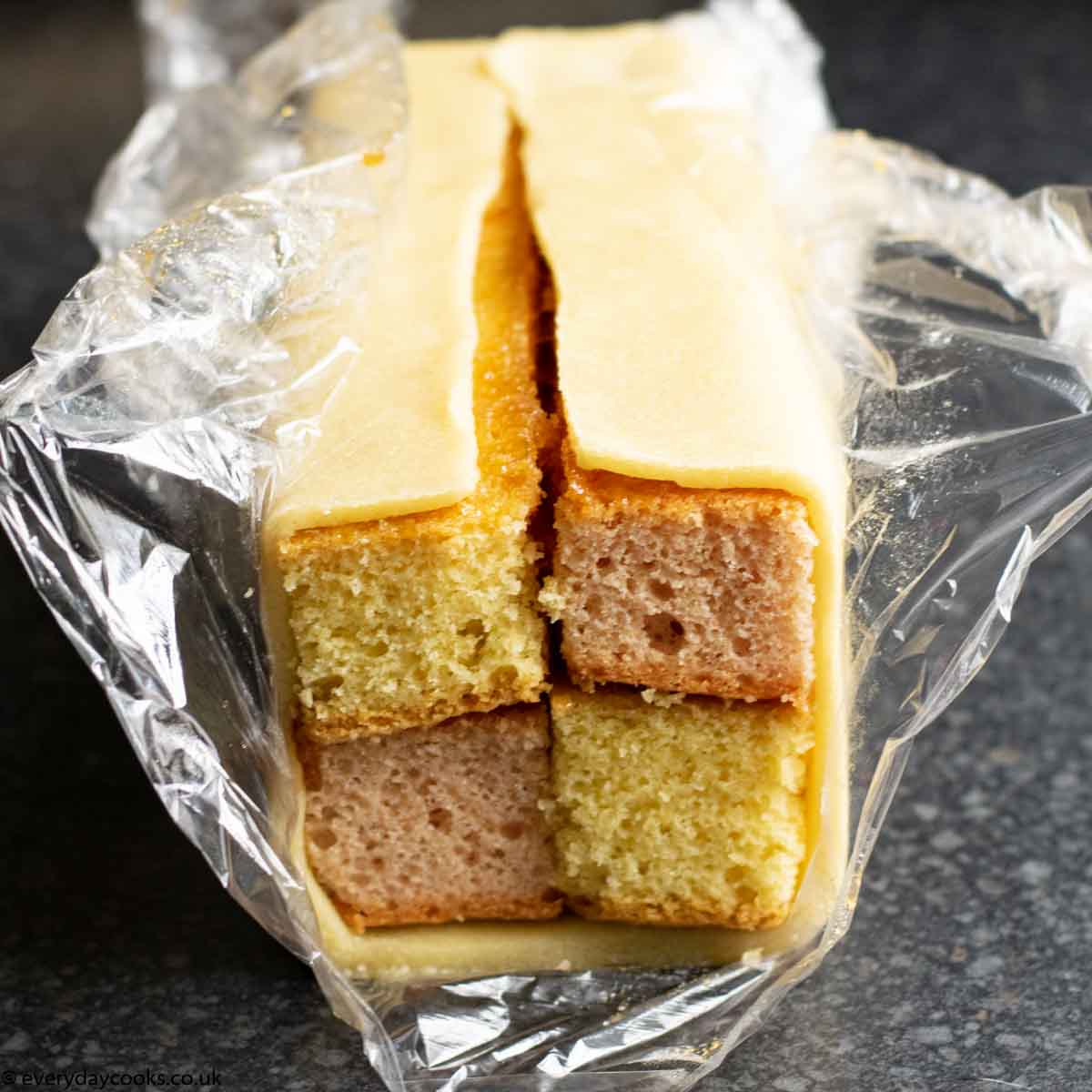 Wrapping Easy Battenberg Cake in marzipan