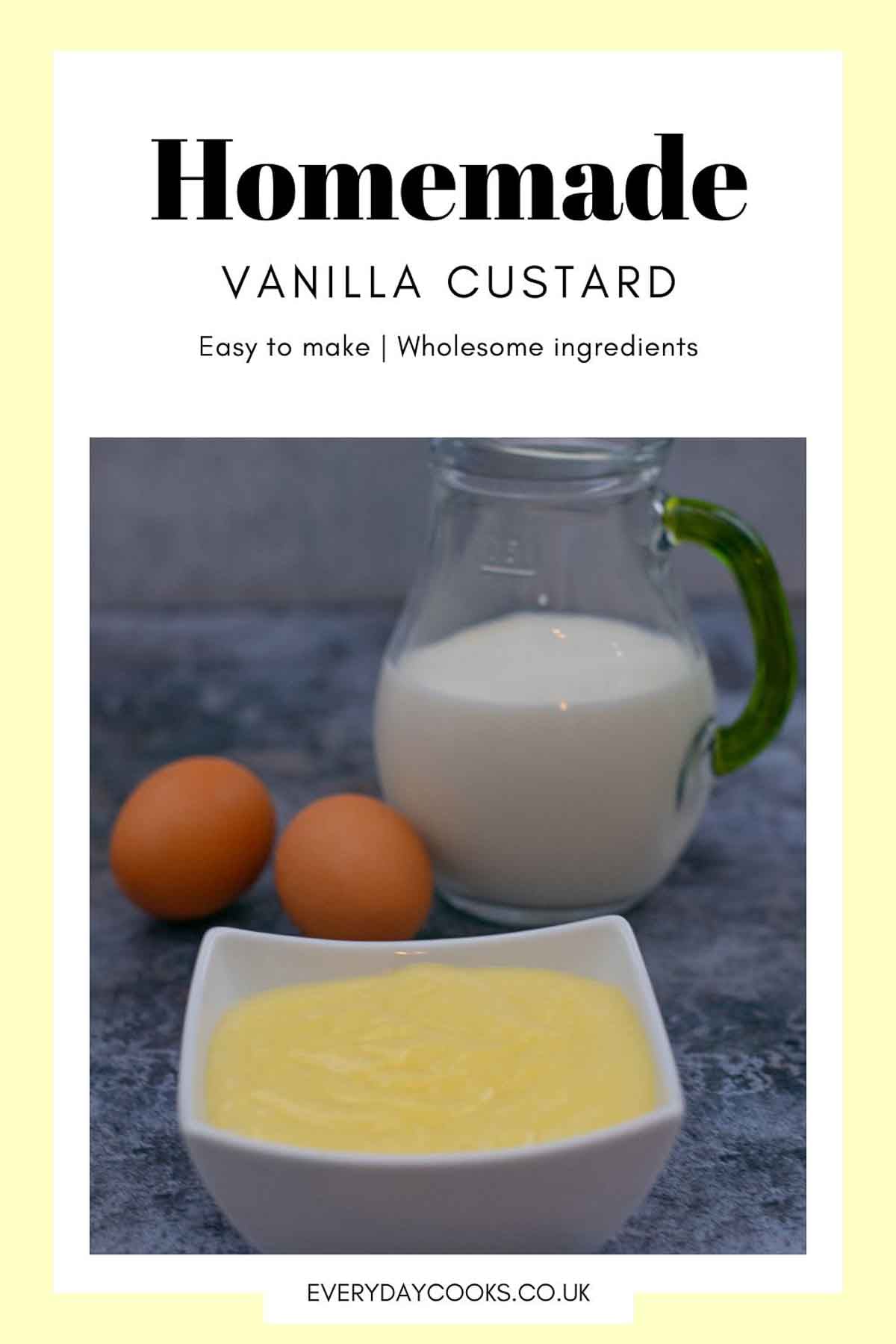 Bowl of homemade custard with 2 eggs and a jug of milk