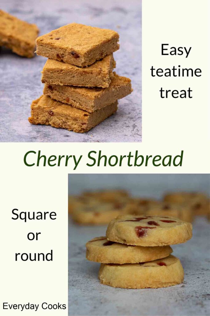 Stacks of square and round Cherry Shortbread biscuits