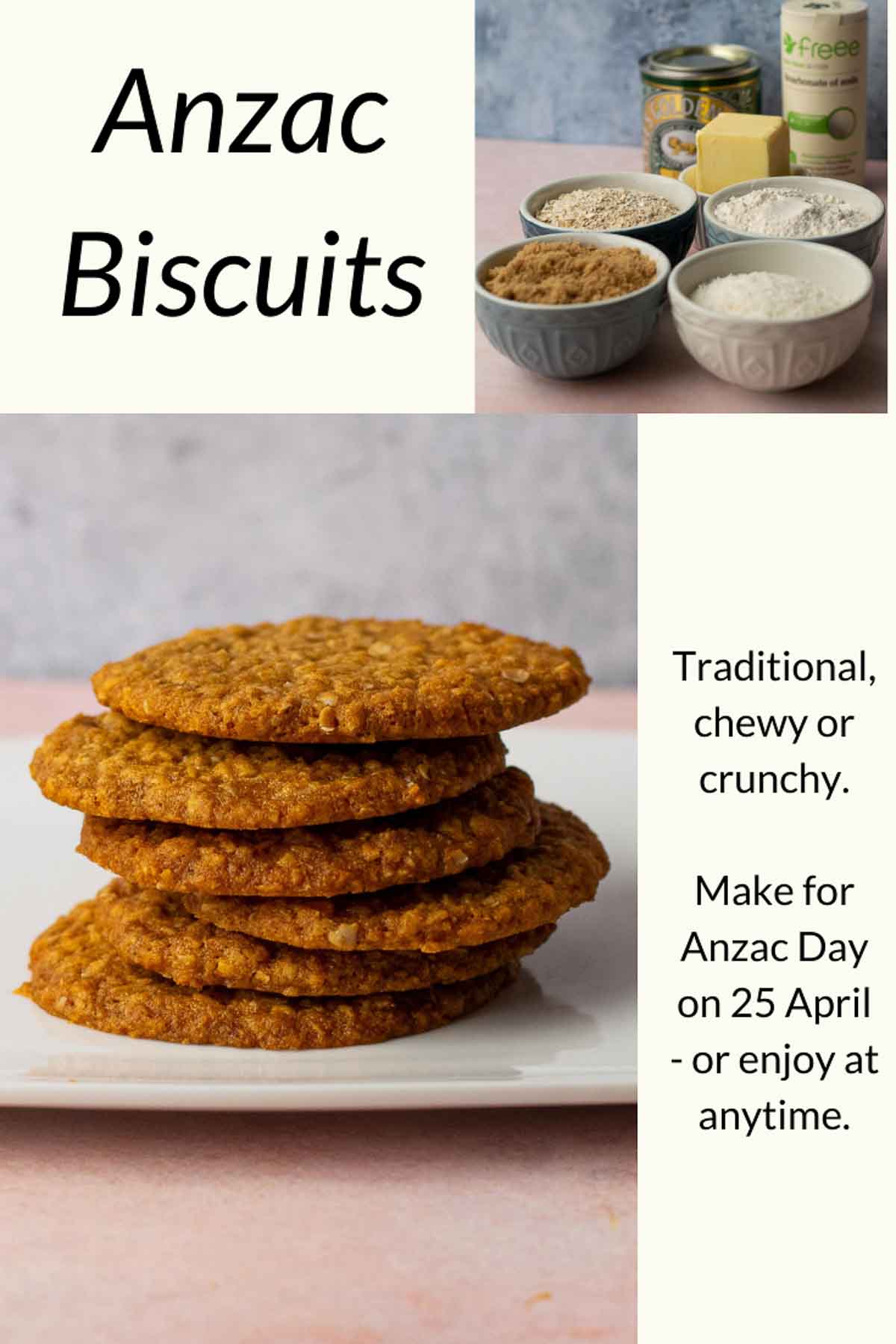 Stack of 6 Anzac Biscuits on a square white plate. Ingredients top right